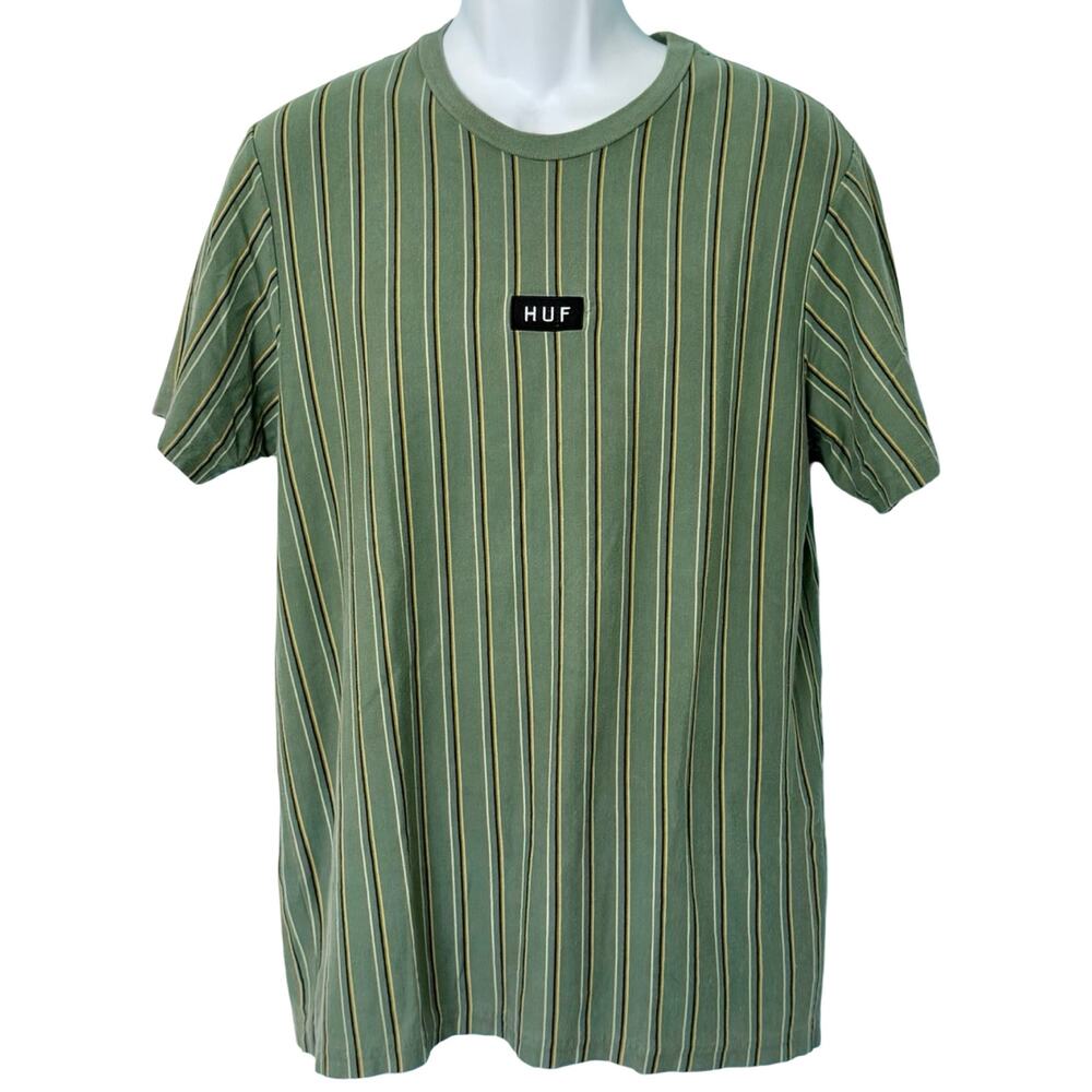 Huf Worldwide Green Yellow Striped Embroidered Logo T-Shirt Short Sleeve size L